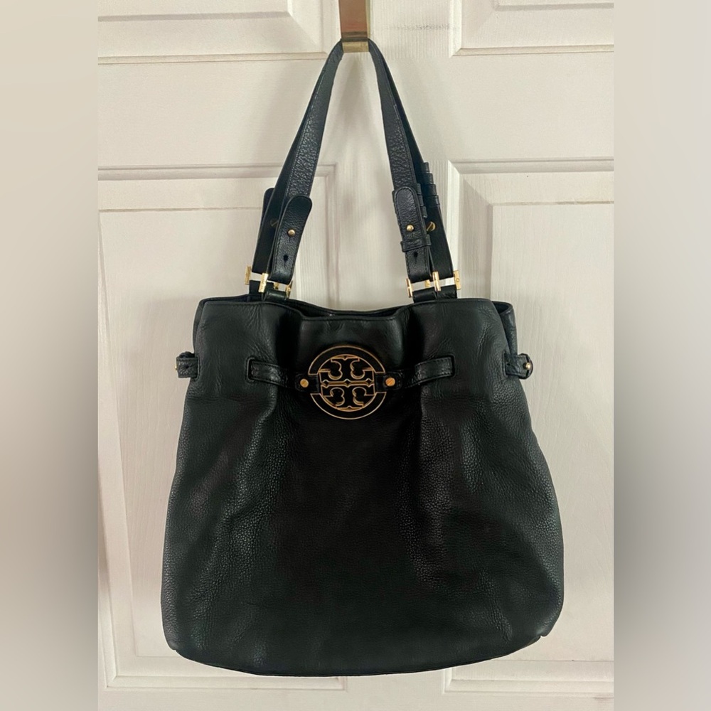 Tory Burch Black Leather Tote Bag with Gold Logo